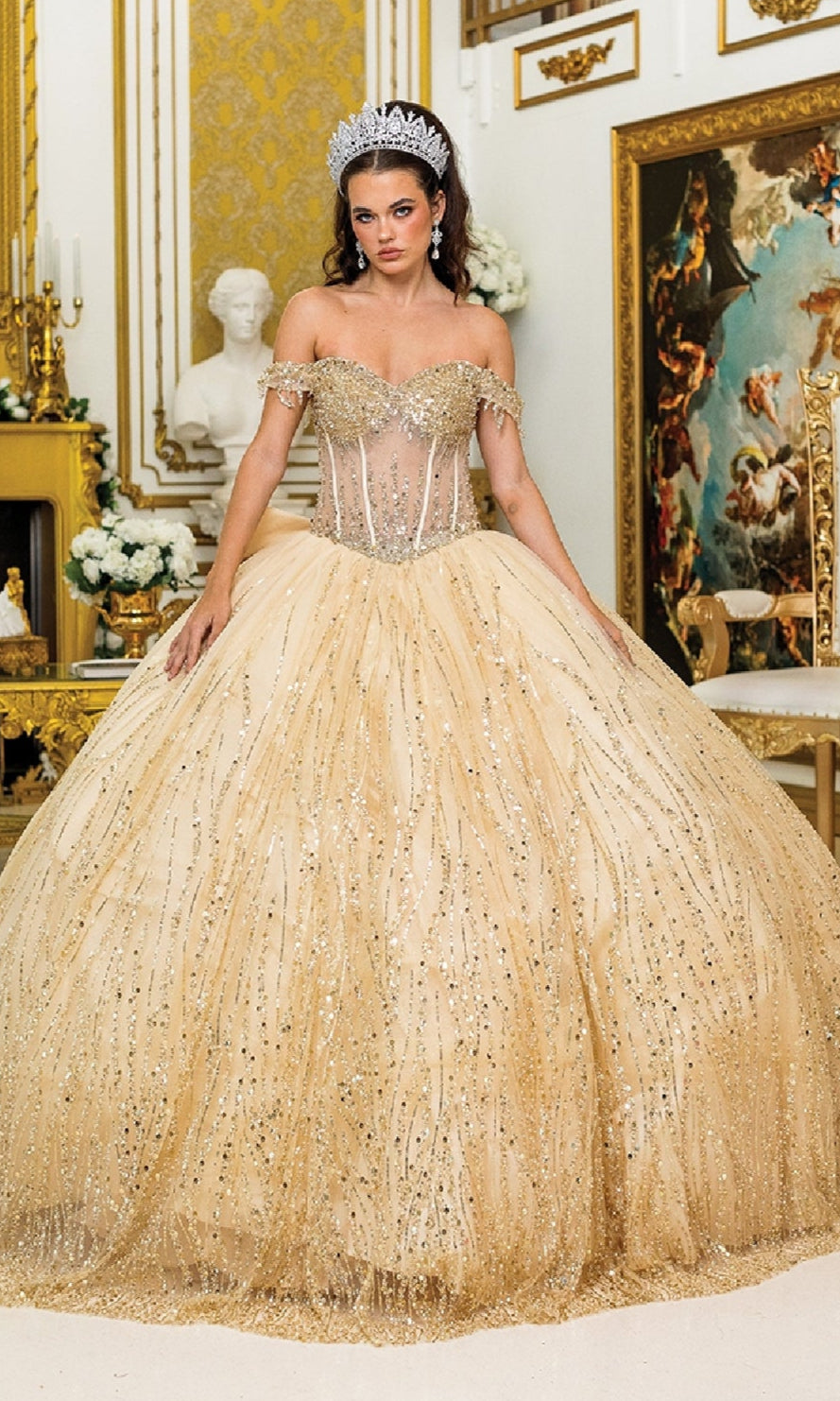Long Sheer Corset Quinceanera Ball Gown with Bow Champagne / Medium
