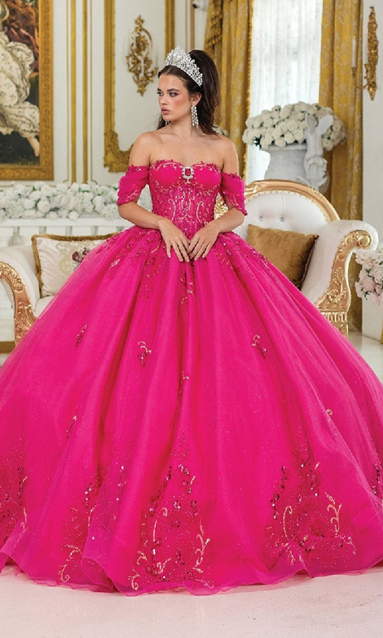 Dancing Queen 1987 Long Quinceanera Dress Fuchsia Print / Small