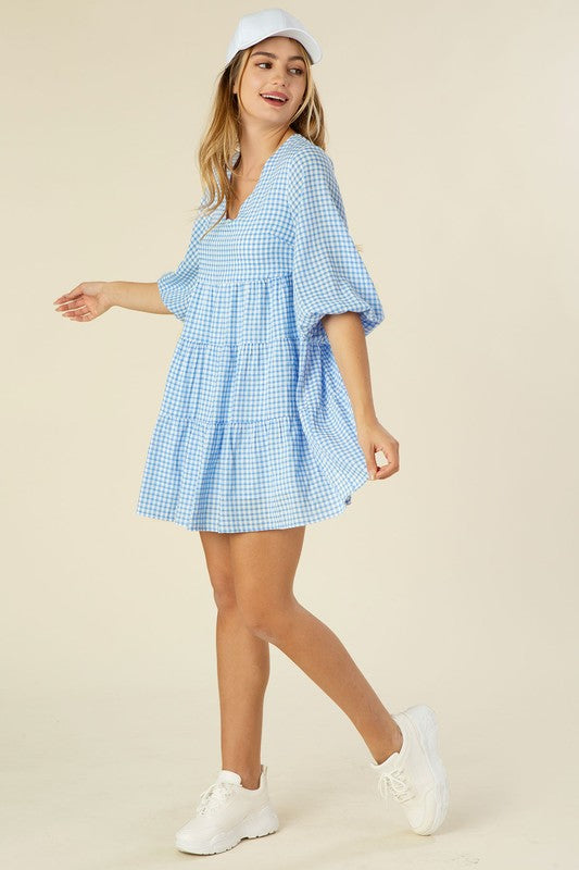 Short Gingham Print Tiered Casual Dress FGDR31L009