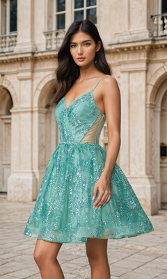 A woman in the Short A-Line Glitter-Print Homecoming Dress 3360 stands outdoors before an ornate stone building with arched windows.