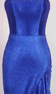 A close-up of the PromGirl Exclusive 250215 long prom dress, a sleeveless royal blue gown with sparkling rhinestones and an elegant lace-up back.