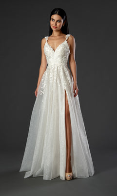A woman stands against a dark background wearing the Embroidered-Lace Long A-Line Prom Ball Gown 20058, a white sleeveless gown featuring floral appliqués and a high slit.