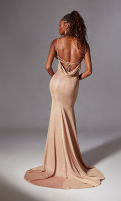 A woman faces away, wearing the Aerie Couture 200 Draped Long Glitter Prom Dress, featuring thin straps, draped detailing on the back, and a shimmering floor-length design.