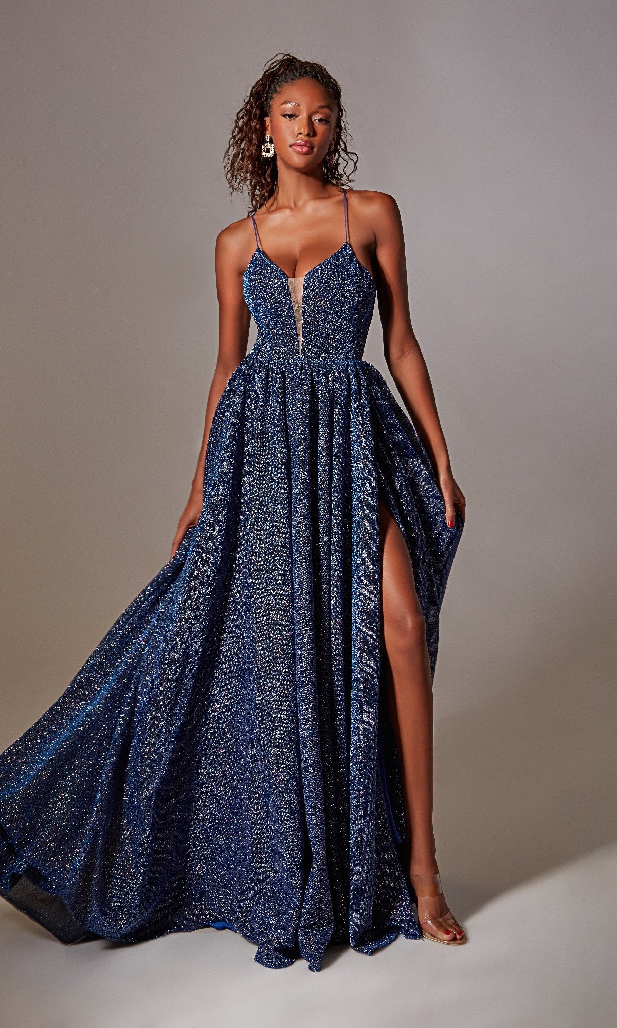 Long A-line Glitter Prom Dress with Lace-Up Back Navy / 00 Long A-line Glitter Prom Dress with Lace-Up Back Navy / 00