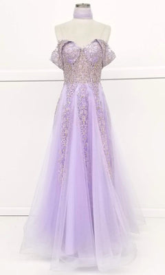 The Long Lace Prom Ball Gown: Chicas CA1103 is a light purple off-the-shoulder dress with a fitted ornate bodice and full tulle skirt, shown on a dress form against a plain white background.
