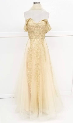 Off-the-Shoulder Long Lace Prom Dress with Lace-Ups Off White / 3XLarge