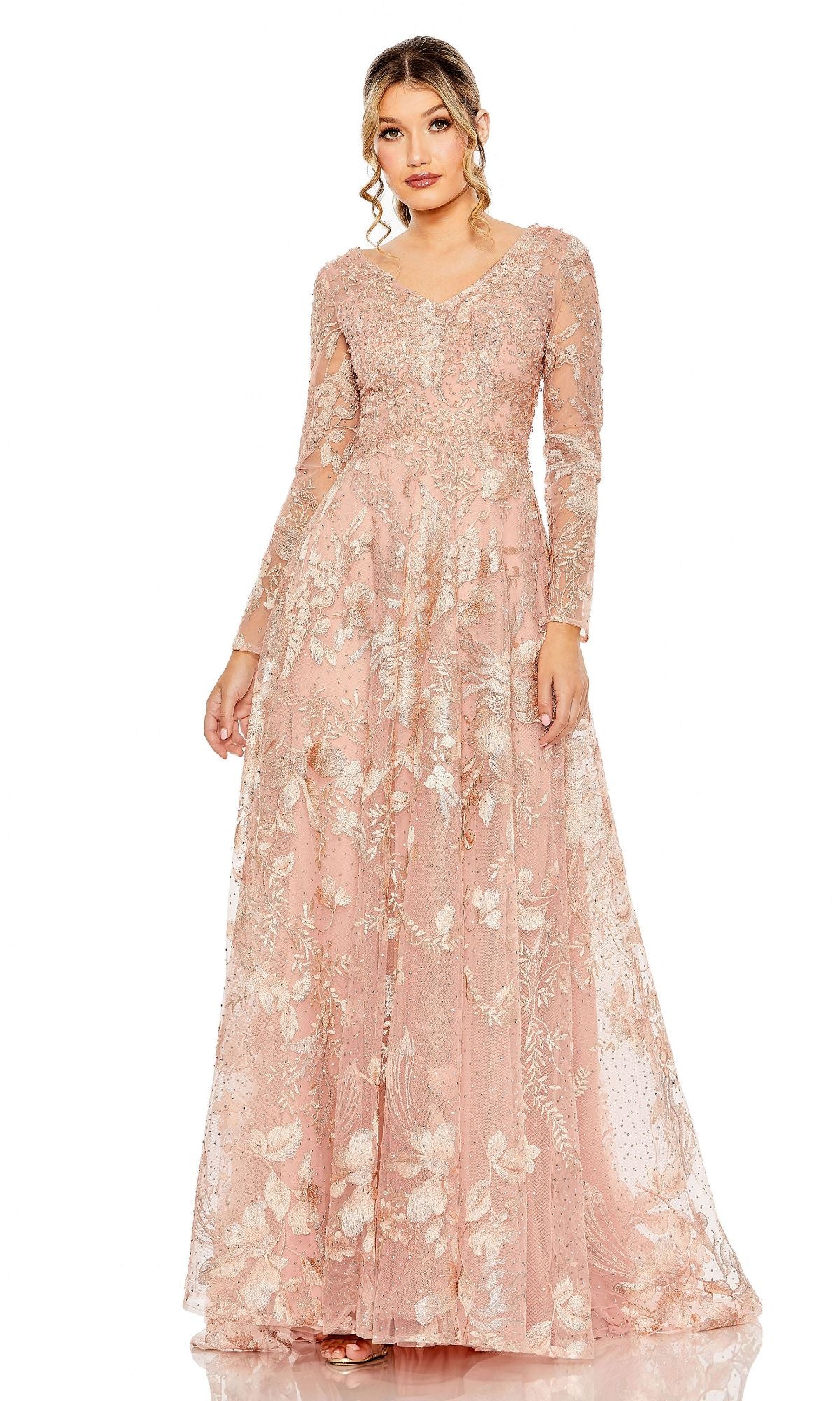 strapless open back dress Long Lace A-Line Formal Dress with Long Sleeves– PromGirl