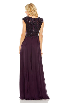 Woman modeling the Mac Duggal 20264 Beaded-Bodice Long Formal Dress—floor-length, sleeveless, with a beaded V-neck bodice and flowing chiffon skirt—in purple, shown from the back.