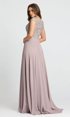 A woman faces away from the camera in the Mac Duggal 20264 Beaded-Bodice Long Formal Dress, featuring a mauve A-line silhouette and a beaded V-neck bodice.