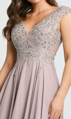 Model wears the Mac Duggal 20264 Beaded-Bodice Long Formal Dress in mauve, featuring cap sleeves and a v-neck beaded bodice, shown from shoulders to mid-thigh.