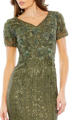 A woman wearing the Long Formal Dress 20282 by Mac Duggal, featuring a fitted silhouette, short sleeves, v-neckline, olive green color, and floral embroidery with sequin embellishments.