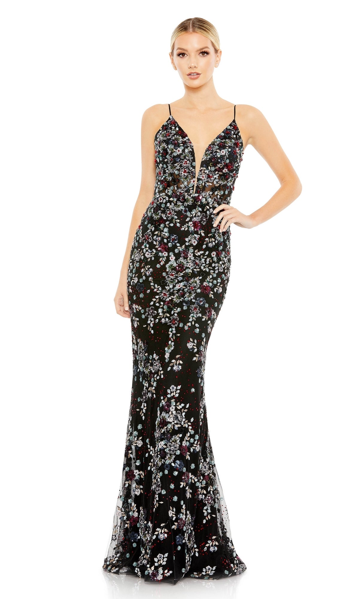 【MAC DUGGAL】ロングドレス 花柄 ビーズ Aライン 長袖 ブラック ラストサマーセール！】花柄刺繍シアーぺプラムロングドレス