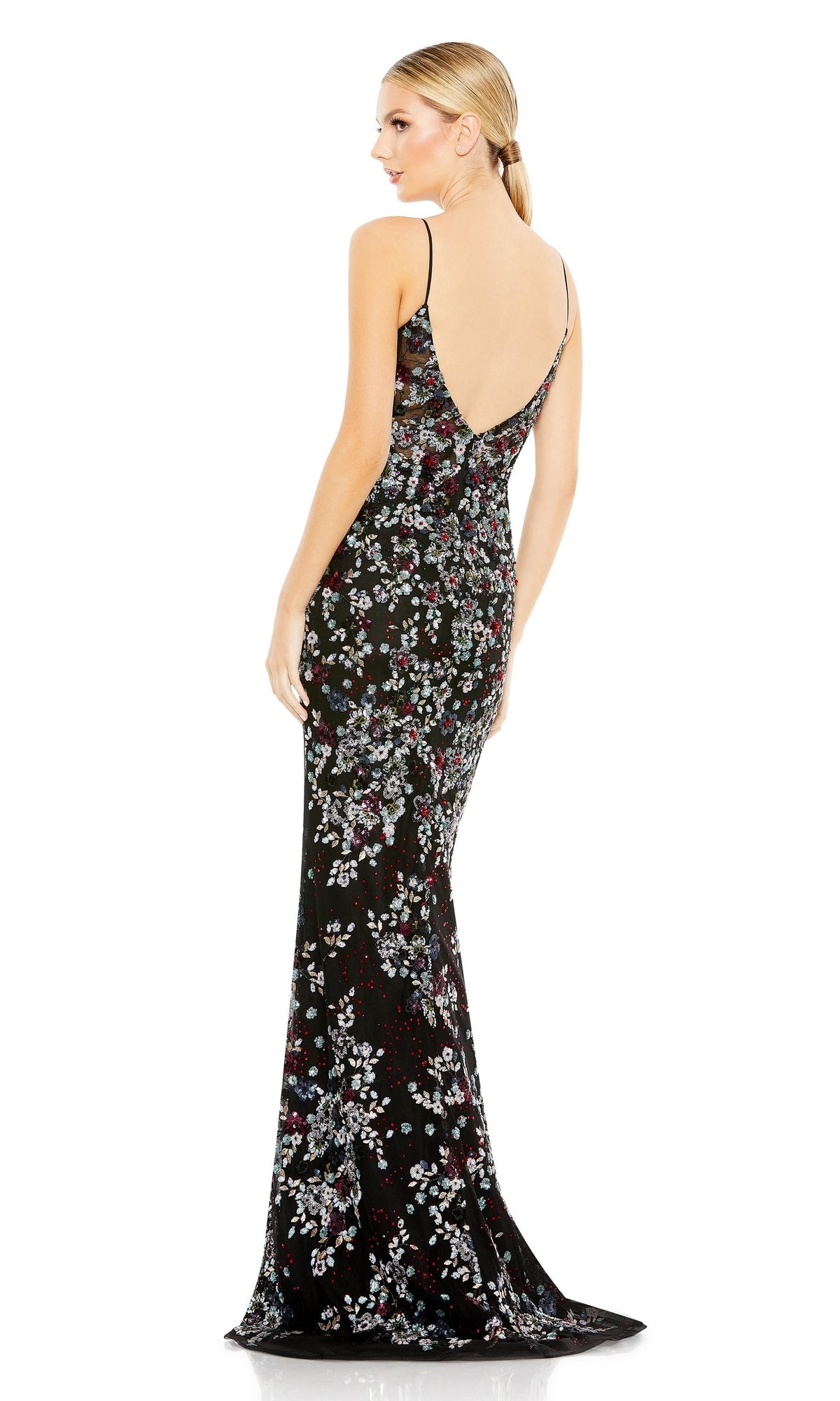 Long Black Prom Dress with Beaded Flowers