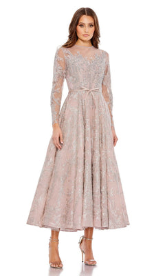 Long-Sleeve Tea-Length Formal Dress with Beads– PromGirl