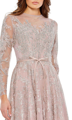 Long-Sleeve Tea-Length Formal Dress with Beads– PromGirl