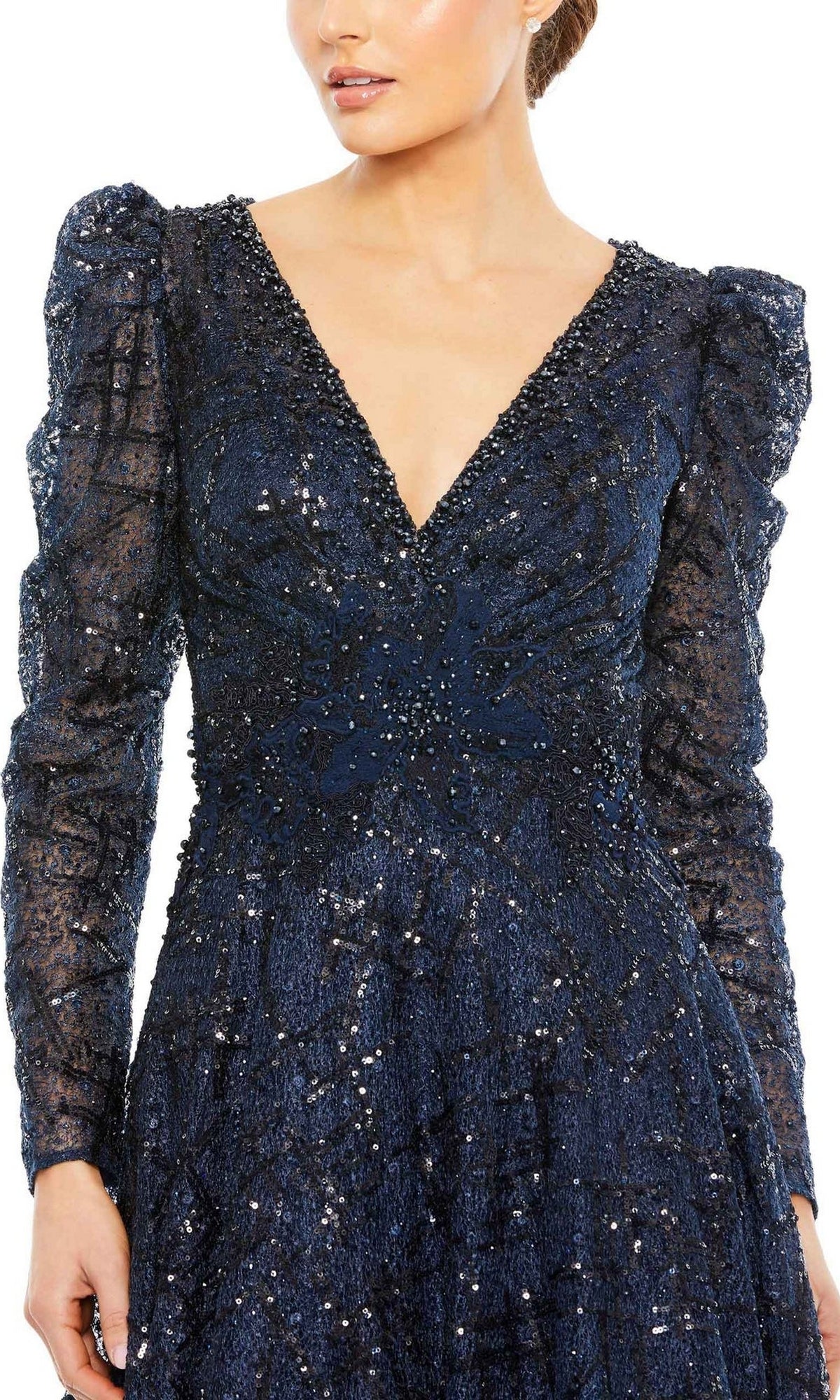 Long Beaded V-Neck Formal Dress with Long Sleeves – PromGirl