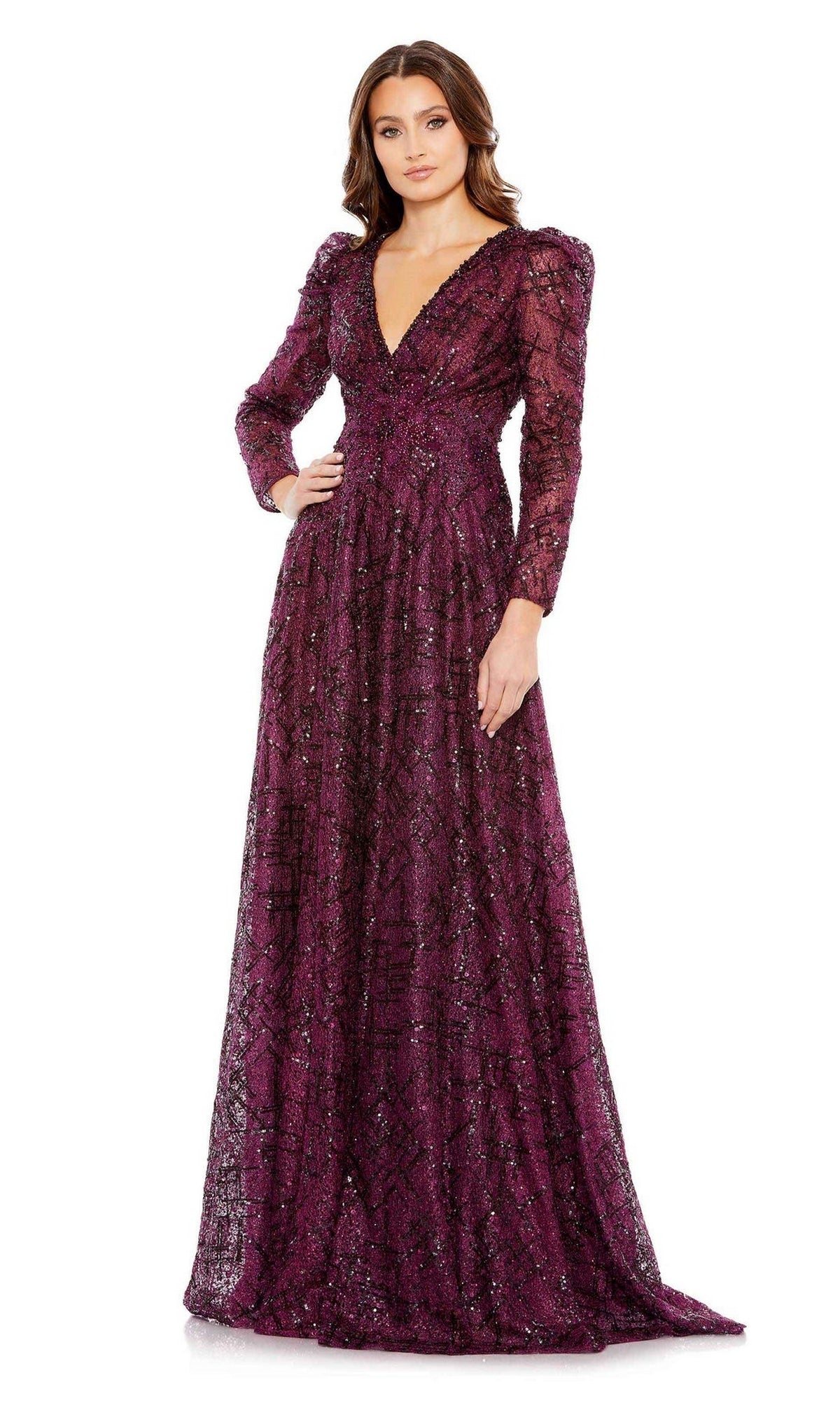 Mac Duggal Embellished V-Neck A-Line Gown - Plum Mac Duggal Embellished V-Neck A-Line Gown - Plum