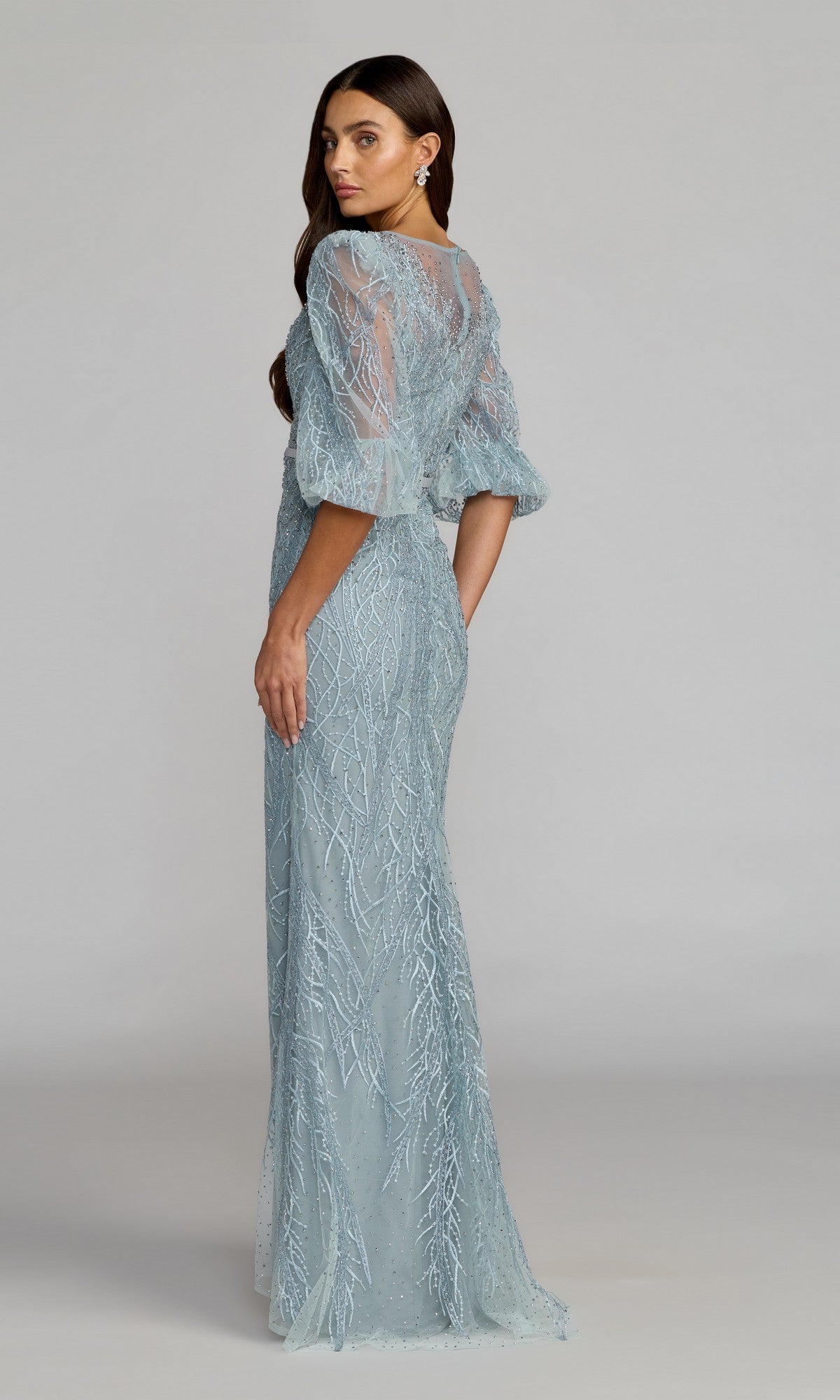 lace overlay blue dress Illusion Lace Overlay Gown with Plunging Neckline 07399