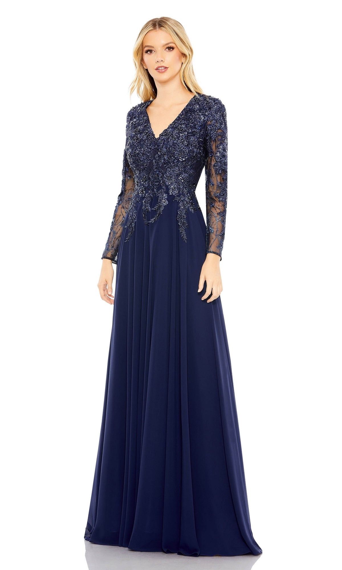 Mac Duggal - Navy Embellished Illusion V Neck Long Sleeve Gown - US 10 Mac Duggal - Navy Embellished Illusion V Neck Long Sleeve Gown - US 10
