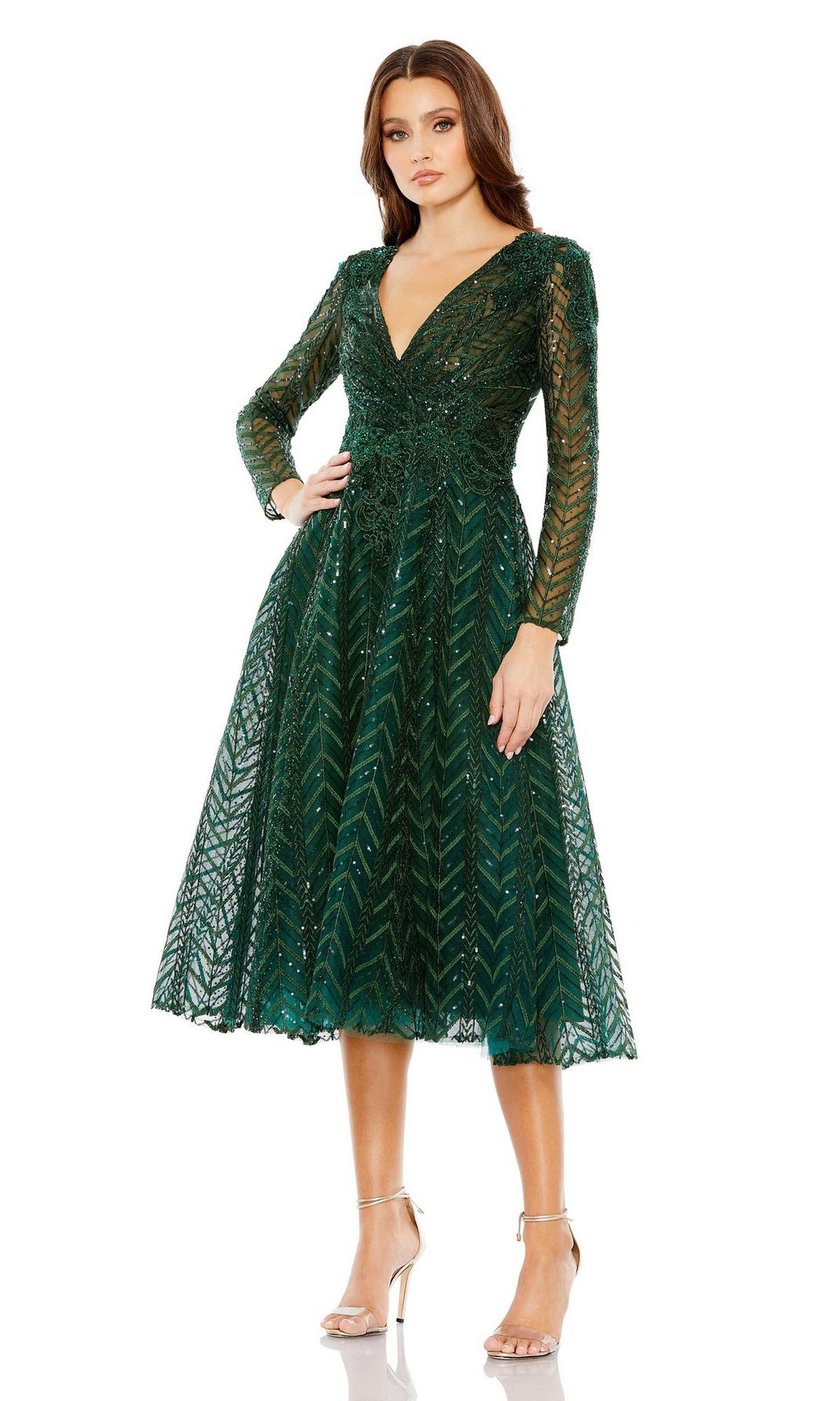 Mac Duggal - Taupe Sequin Embellished Long Sleeve Wrap Dress - US 16 Mac Duggal - Taupe Sequin Embellished Long Sleeve Wrap Dress - US 16