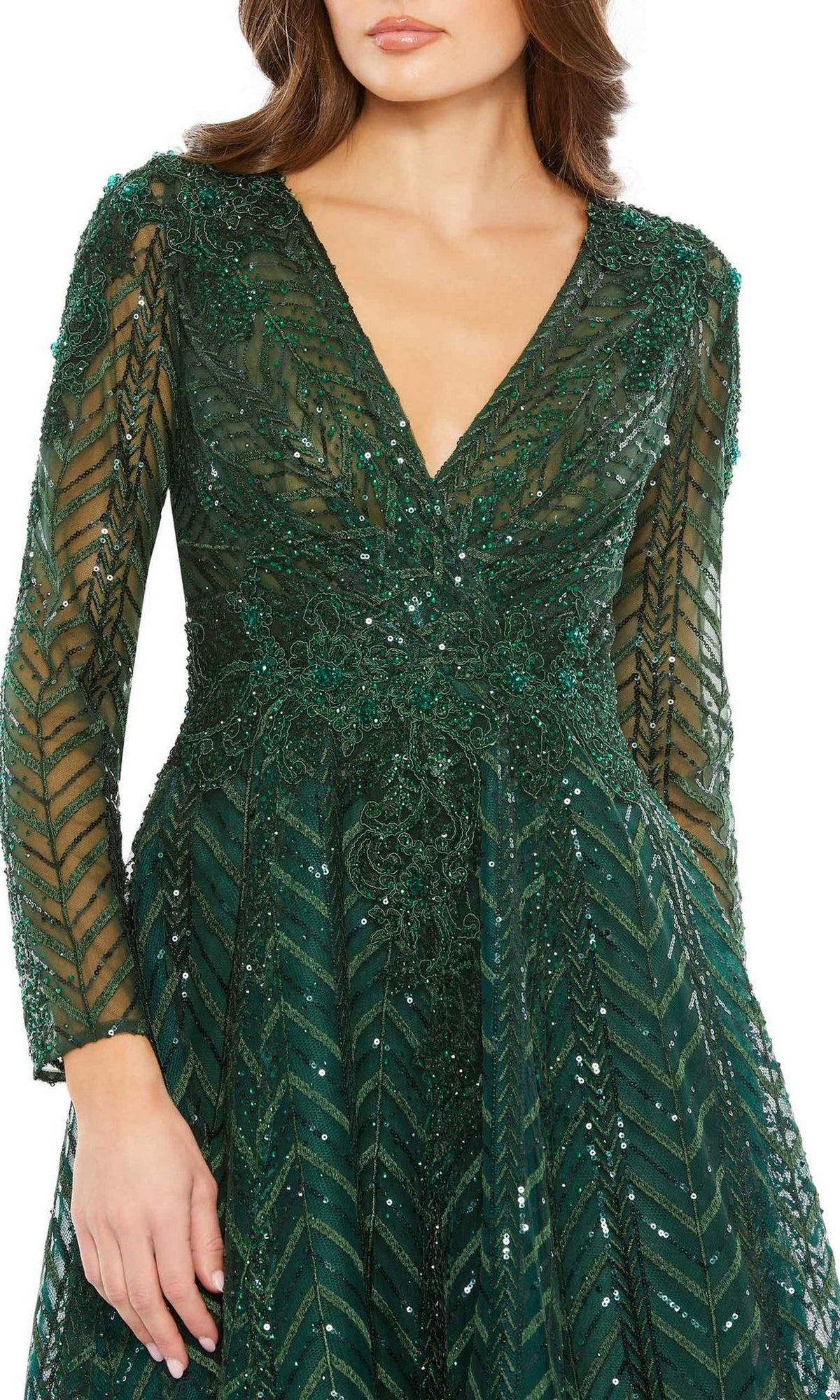 Mac Duggal - Taupe Sequin Embellished Long Sleeve Wrap Dress - US 16 Mac Duggal - Taupe Sequin Embellished Long Sleeve Wrap Dress - US 16