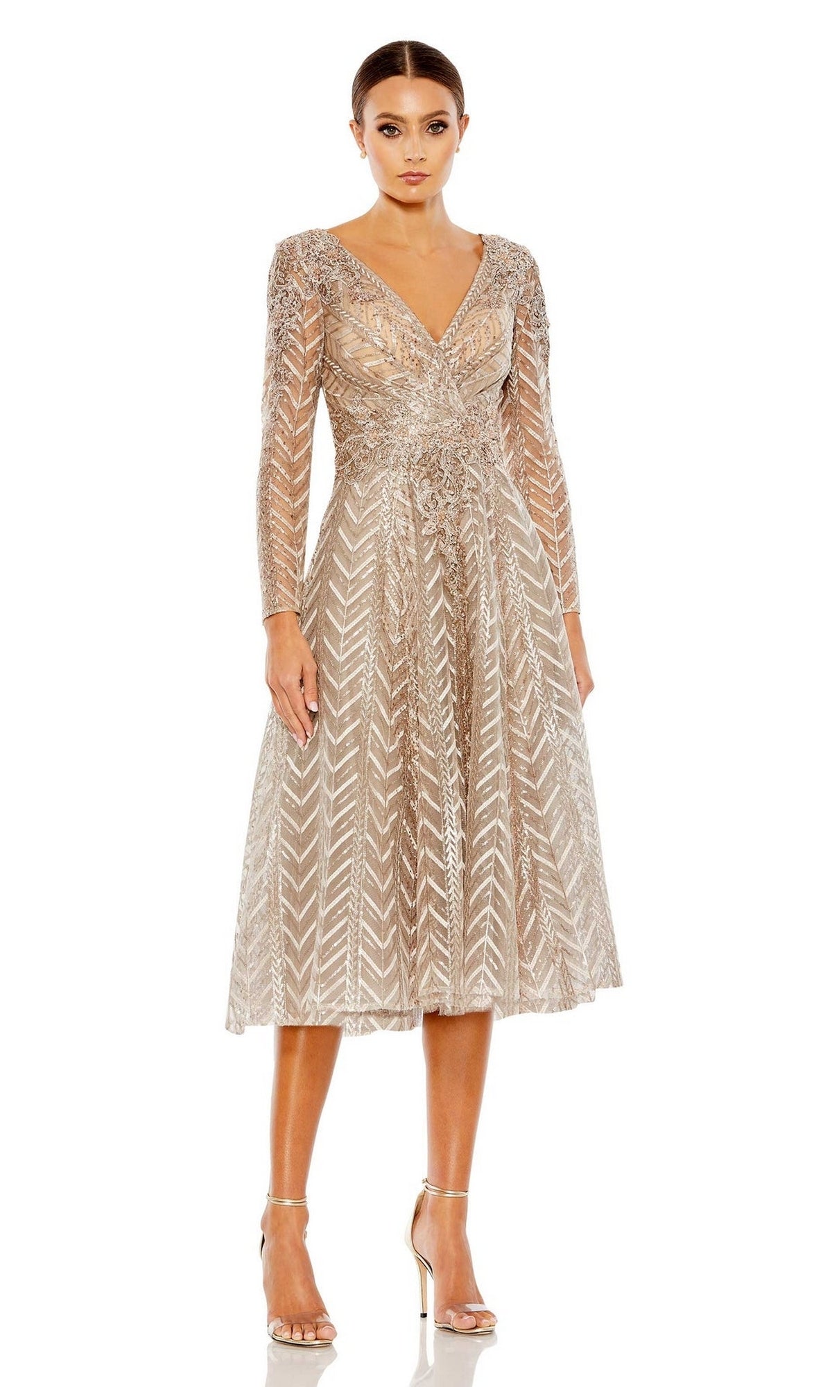 Mac Duggal - Taupe Sequin Embellished Long Sleeve Wrap Dress - US 18 Mac Duggal - Taupe Sequin Embellished Long Sleeve Wrap Dress - US 18