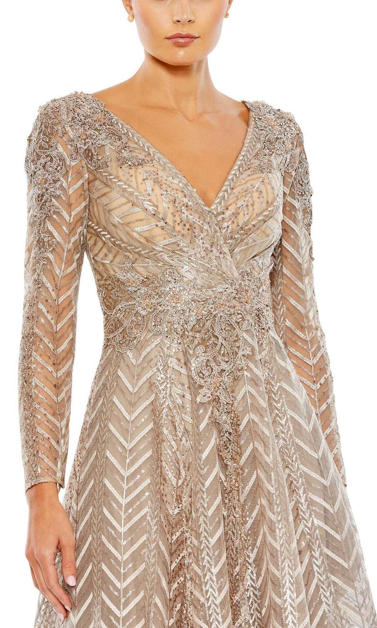 Mac Duggal Embellished Long Sleeve Wrap-Over Dress, Size 16, Taupe