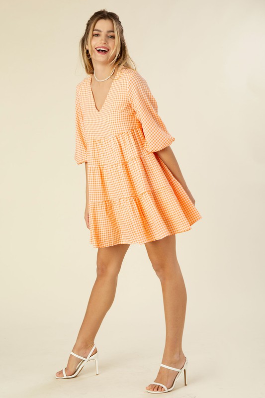 Short Gingham Print Tiered Casual Dress FGDR31L009