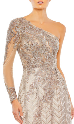 A woman wearing the Mac Duggal 20401 one-sleeve long formal dress, featuring intricate beadwork and embroidery in a metallic champagne color with an ornate, elegant design.
