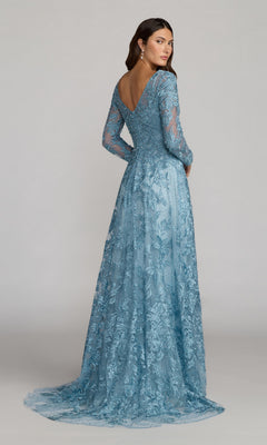 A woman models the Mac Duggal 20409, a long sleeve lace formal gown in light blue featuring embroidery and a deep V-back—an elegant mother of the bride dress.