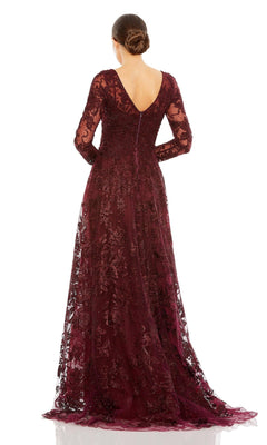 Woman with an updo, seen from behind, wears the Mac Duggal 20409—a lace embroidered, long-sleeve, floor-length burgundy gown with a V-back. This elegant A-line formal dress is perfect for any special occasion.