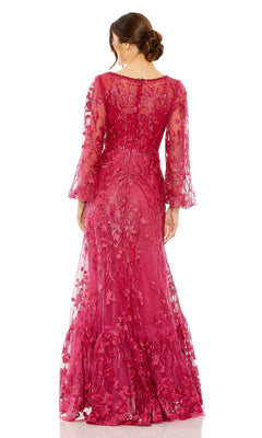 A woman is seen from the back wearing the Mac Duggal 20430, a magenta long sleeve formal dress with floral lace embroidery, her hair styled in a low bun.