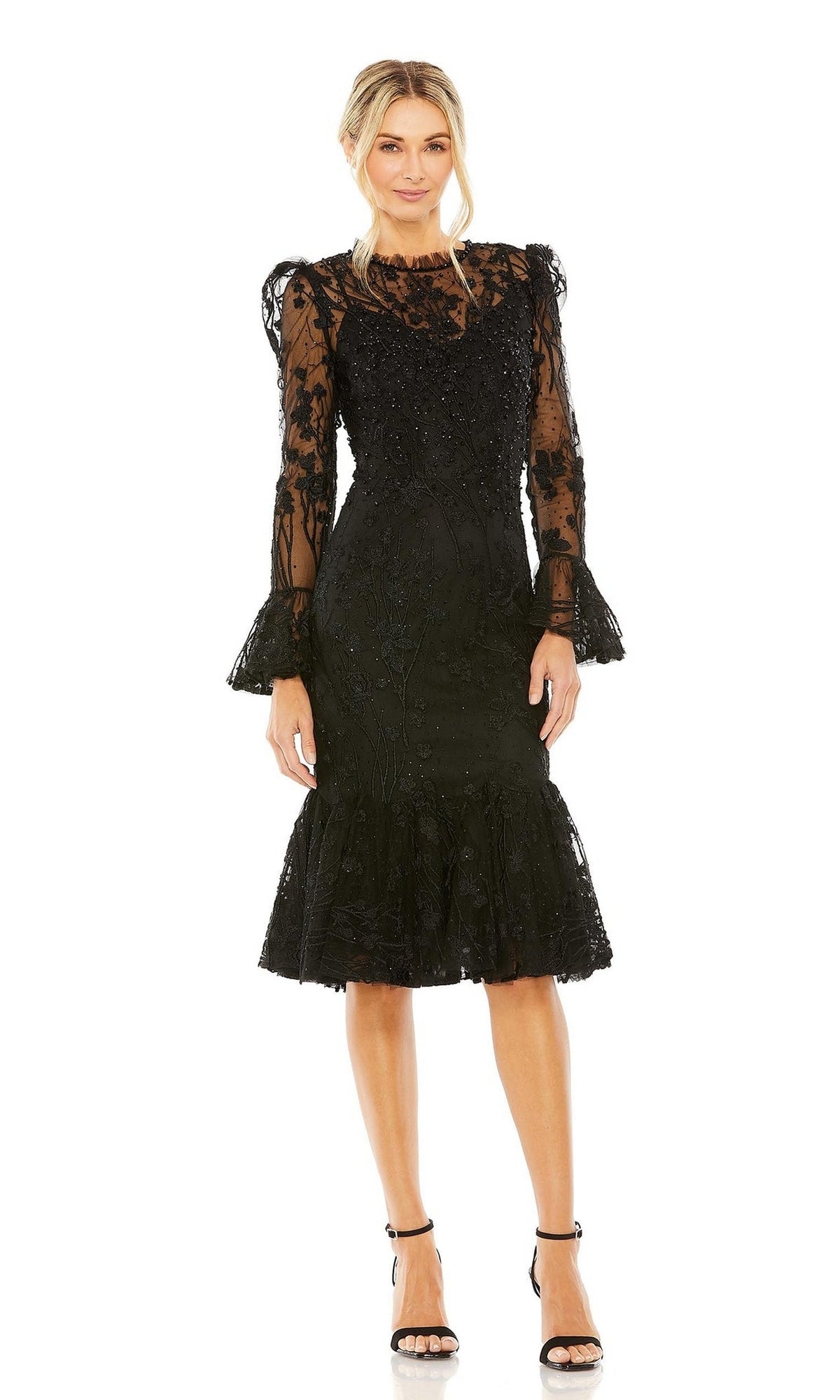 Knee-Length Lace Wedding Guest Dress with Long Sleeves – PromGirl