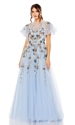 A woman models the Long Formal Dress 20436 by Mac Duggal—an embroidered, light blue tulle A-line gown with floral accents, short flutter sleeves, and a sheer neckline—standing against a white background.