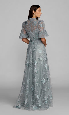 Woman models the Mac Duggal 20452 Short Sleeve Beaded Formal Gown, a floor-length light blue-gray lace dress with floral patterns and flutter sleeves, shown from the back against a plain background.
