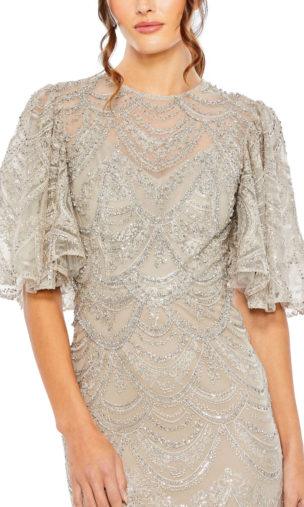Long Beaded Taupe Formal Dress with Short Flutter Sleeves – PromGirl