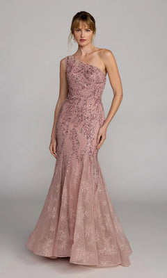 A woman wears the Mac Duggal 20482 long formal dress—a blush pink, one-shoulder mermaid gown with embellished lace and sequins—standing against a plain gray background.