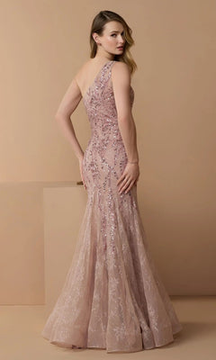 A woman models the Mac Duggal 20482 long formal dress, a blush one-shoulder mermaid gown with sequins and embellished lace, against a plain beige background.