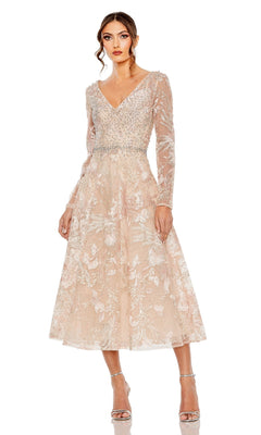 A woman in the blush Midi Wedding Guest Dress: Mac Duggal 20489 with silver heels stands against a white background—a stylish choice for wedding guests.
