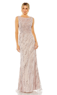 A woman wears the Long Lilac Sequin Formal Dress, Mac Duggal 20518—sleeveless, floor-length, and covered in sequins—standing against a plain white background.