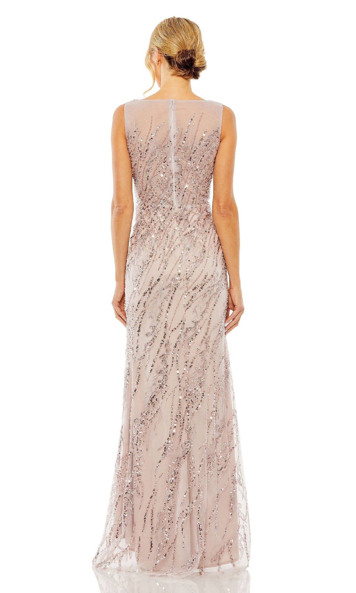 A woman with blonde hair in a low bun is shown from the back wearing the Mac Duggal 20518 Long Lilac Sequin Formal Dress, a sleeveless, floor-length gown adorned with silver sequin embellishments.