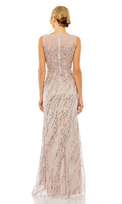 A woman with blonde hair in a low bun is shown from the back wearing the Mac Duggal 20518 Long Lilac Sequin Formal Dress, a sleeveless, floor-length gown adorned with silver sequin embellishments.