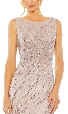 A woman wears the Mac Duggal 20518 Long Lilac Sequin Formal Dress, featuring a sleeveless design with swirling sequin and bead embellishments.