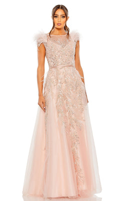A woman stands facing forward in the Long Formal Dress 20520 by Mac Duggal, a floor-length pastel A-line gown with feather detail, sheer overlay, silver embroidery, elegant embellishments, and graceful shoulder accents.