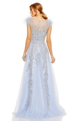 A woman is shown from the back wearing the Long Formal Dress 20520 by Mac Duggal, a light blue, floor-length pastel A-line gown with silver floral embroidery, sheer cap sleeves, and a sheer V-neckline.