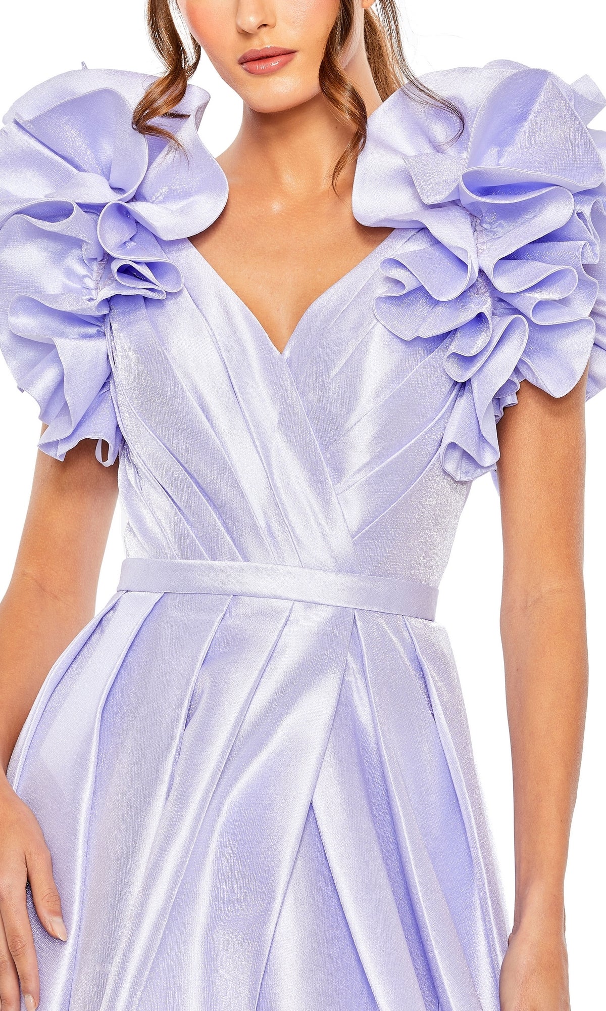 Woman wearing the Mac Duggal 20522 Ruffle-Sleeve Long Formal Dress in shiny lavender, featuring large ruffled sleeves and a V-neckline, shown from shoulders to mid-thigh.