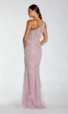 A woman models the Mac Duggal 20543, a light pink one-shoulder long formal dress with silver sequins, seen from the back against a plain white background.