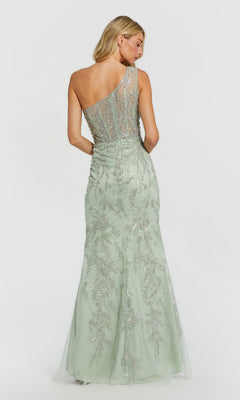 A woman faces away against a plain background, wearing the Long Formal Dress: Mac Duggal 20543—an elegant pale green one-shoulder evening gown with sheer, embellished detailing.