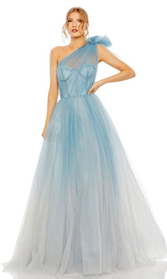 A woman stands against a white background wearing the Long Formal Dress 20552 by Mac Duggal— a light blue, one-shoulder ball gown featuring a floor-length tulle overlay and a large shoulder bow.