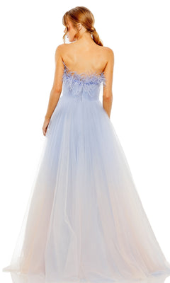 A woman faces away wearing the Long Formal Dress 20557 by Mac Duggal, a strapless pastel blue gown with ombre feather trim on the bodice and a flowing tulle skirt.
